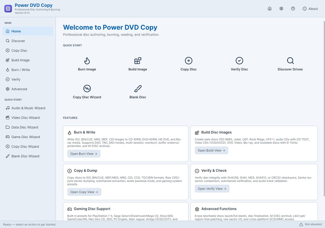 Power DVD Copy: choose a disc-copy task or save a disc image.