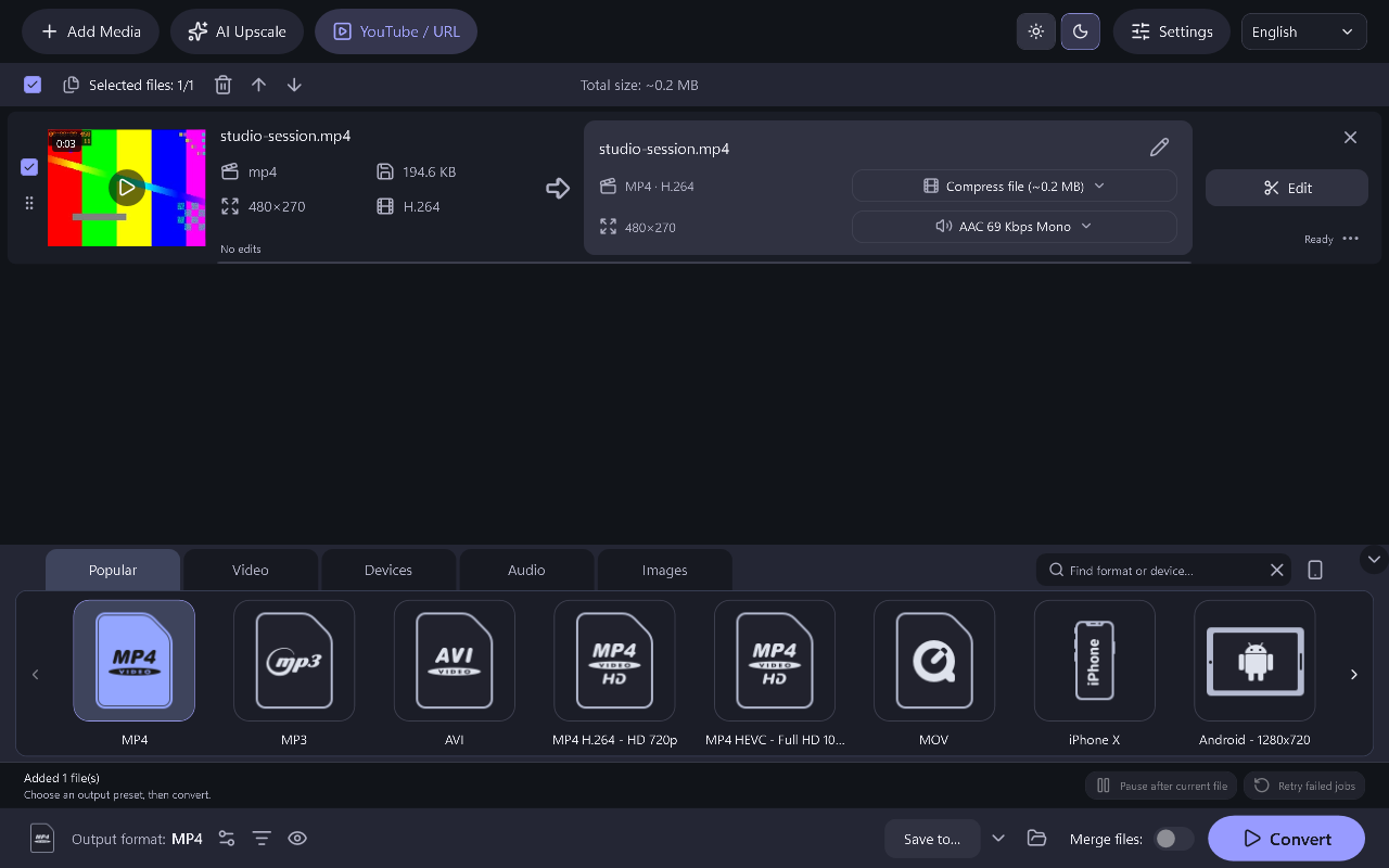 Power Movie Switch: add videos, choose an output preset and start conversion.