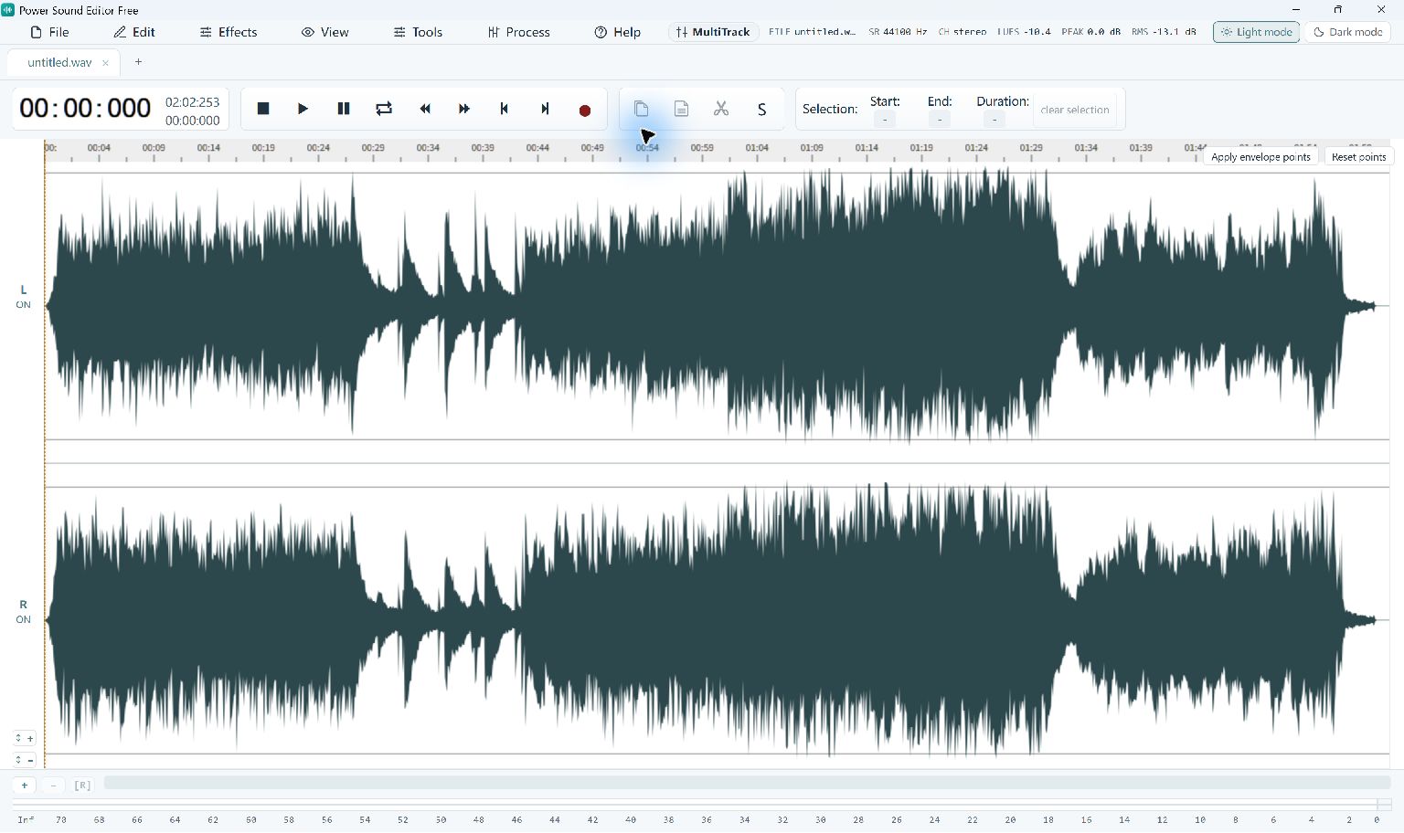 Power Sound Editor Free: select a passage in the waveform and edit the audio.