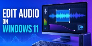 Audio waveform editor on a Windows 11 PC showing trim, fade and export tools
