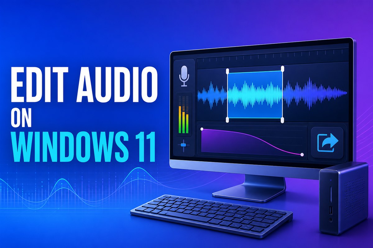 Audio waveform editor on a Windows 11 PC showing trim, fade and export tools
